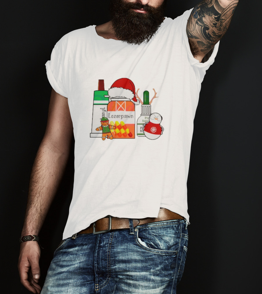 Christmas Pharmacy Technician Santa Hat Pill Bottles Gingerbread Snowman T-Shirt