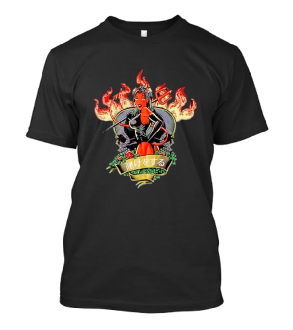 Devil Babe Racing In Flames With Japanese Text And Skull Elements T-Shirt