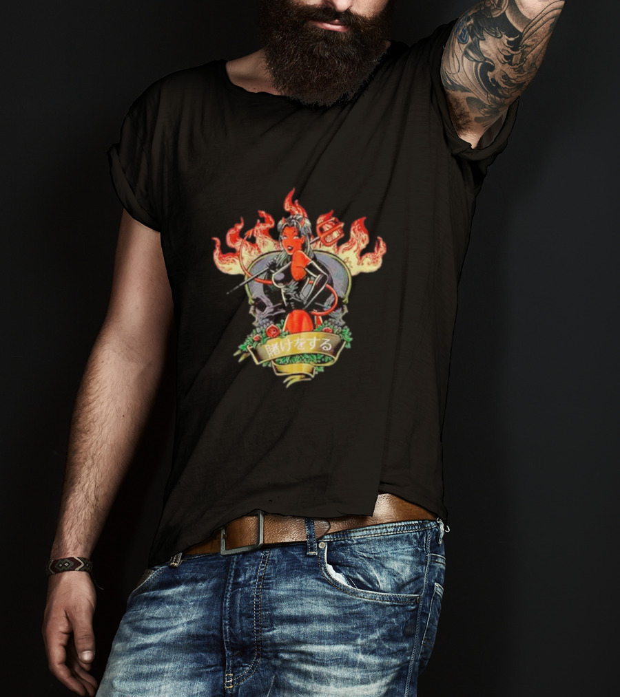 Devil Babe Racing In Flames With Japanese Text And Skull Elements T-Shirt