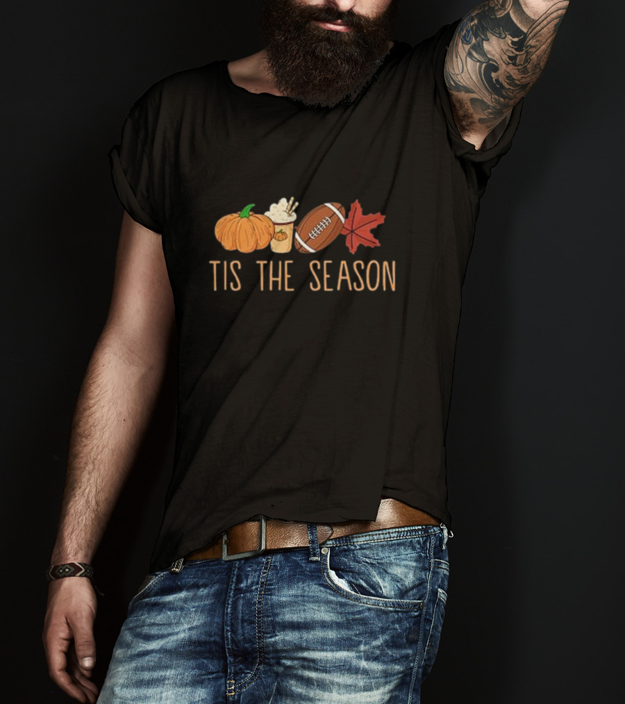 Tis The Season Pumpkin Latte Football And Fall Leaf T-Shirt