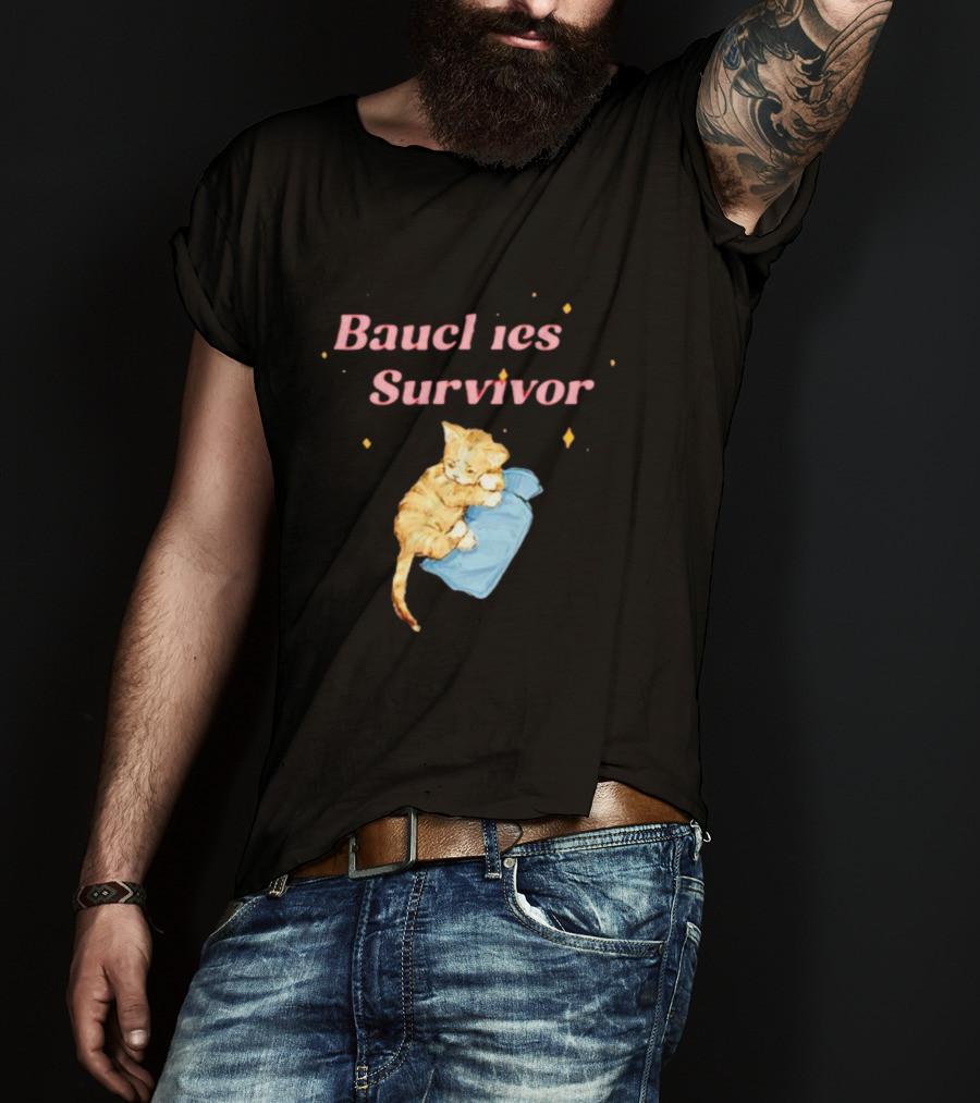 Bauchies Survivor Cat Kitten Holding Blue Blanket T-Shirt