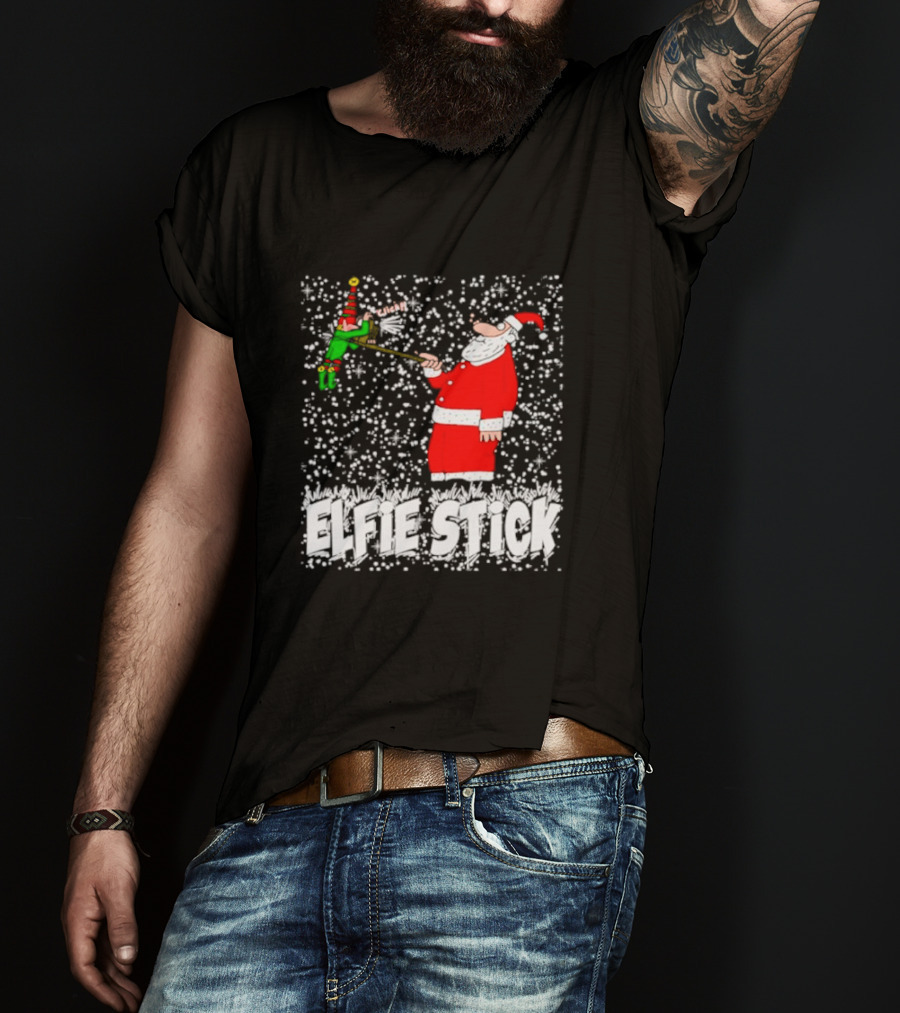 Santa Claus Elfie Stick Funny Christmas Selfie Snowflakes T-Shirt