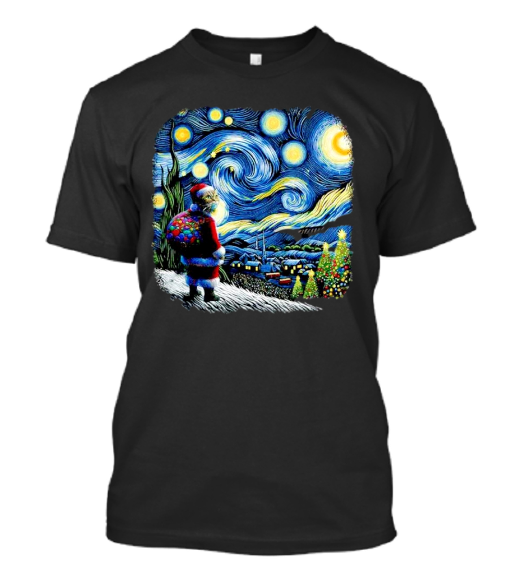 Cat Santa Paws Van Gogh Starry Night Christmas Holiday Scene T-Shirt