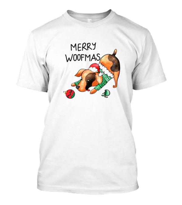 Merry Woofmas Dog In Santa Hat And Sweater With Christmas T-Shirt