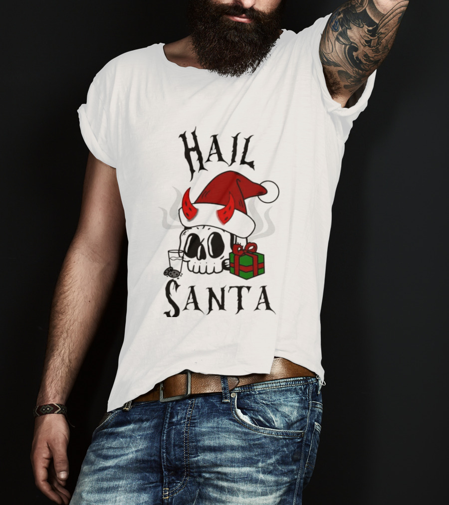 Hail Santa Skull With Devilish Santa Hat And Christmas Present T-Shirt