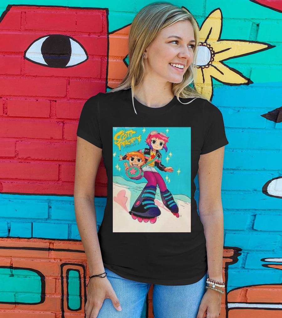 Scott Pilgrim Takes Off Roller Skating Adventure With Animated Style Characters T-Shirt