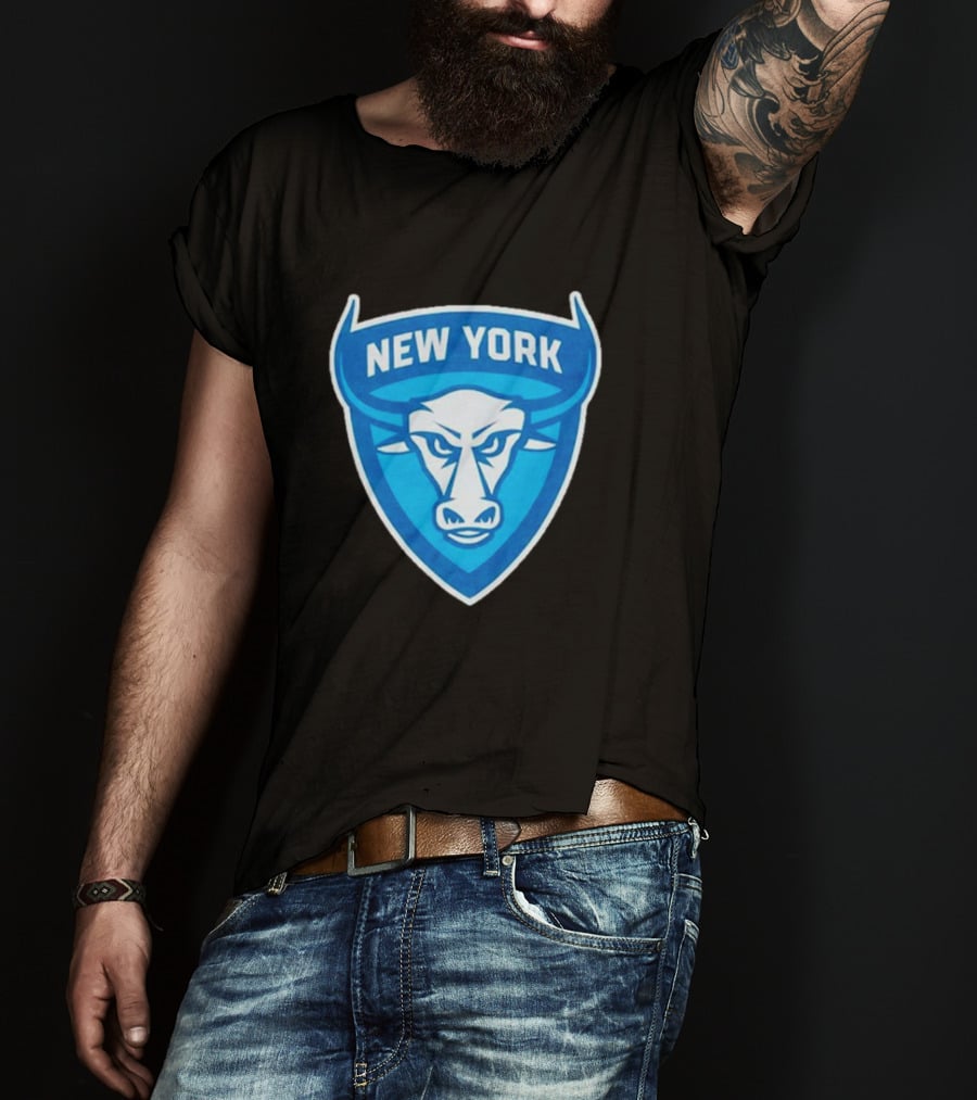 New York Atlas Bull Emblem Logo Blue Shield T-Shirt
