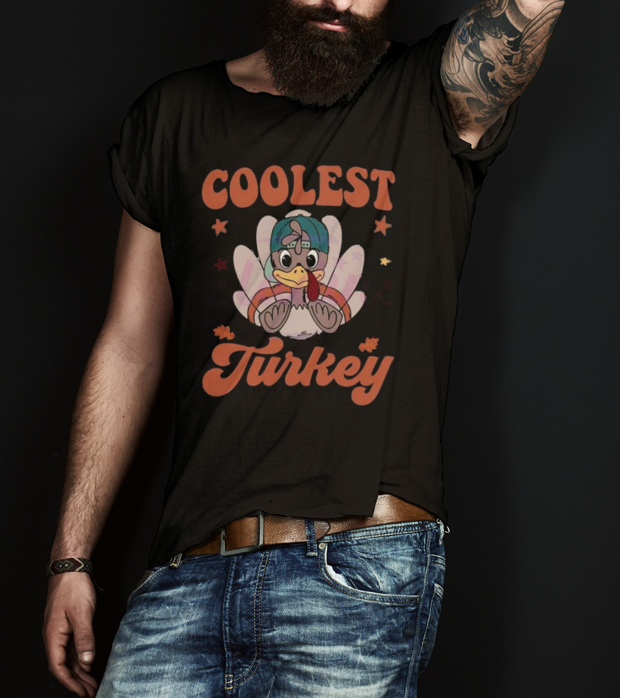 Coolest Turkey At The Table Vintage Cartoon Style With Cap And Stars Decor T-Shirt