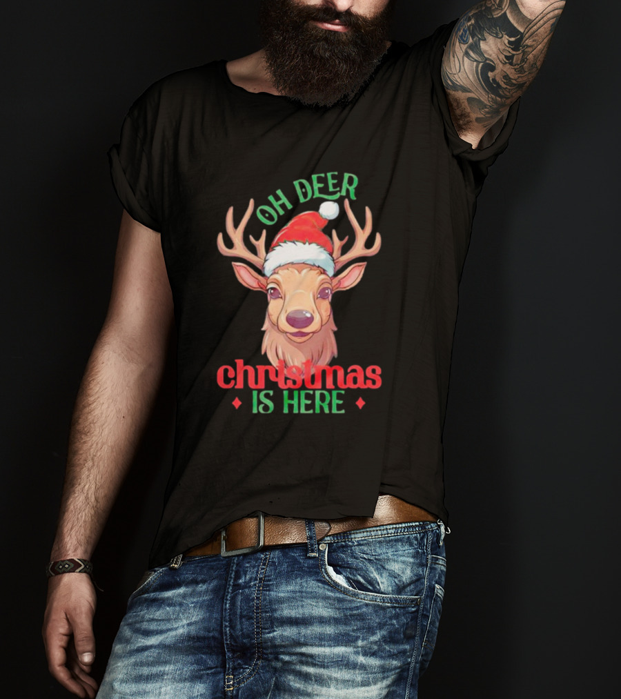 Oh Deer Christmas Is Here Festive Reindeer Santa Hat T-Shirt