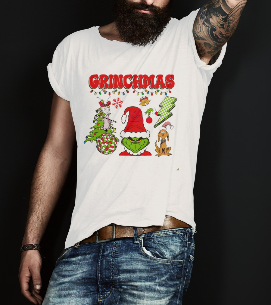 Grinch Grinchmas Red Hat Christmas Tree Max Dog Lightning Bolt Ornaments T-Shirt