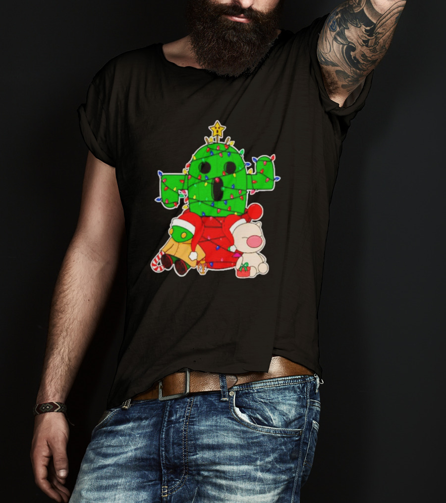 Christmas Moogle Cactuar Wrapped In Lights Star Topped Festive Scene T-Shirt