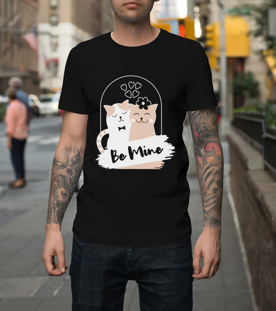 Be Mine Cute Cat Couple With Hearts And Bow Tie T-Shirt