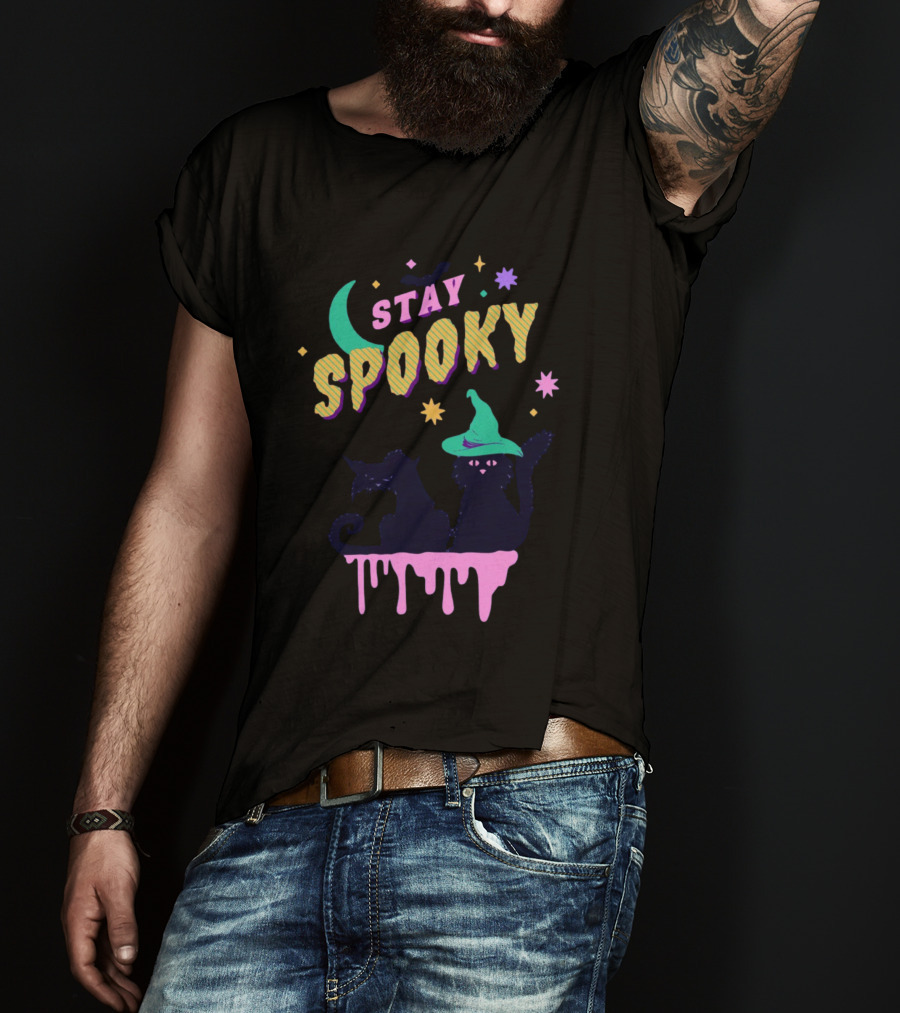 Stay Spooky Halloween Cats Moon Witch Hat Dripping Stars T-Shirt