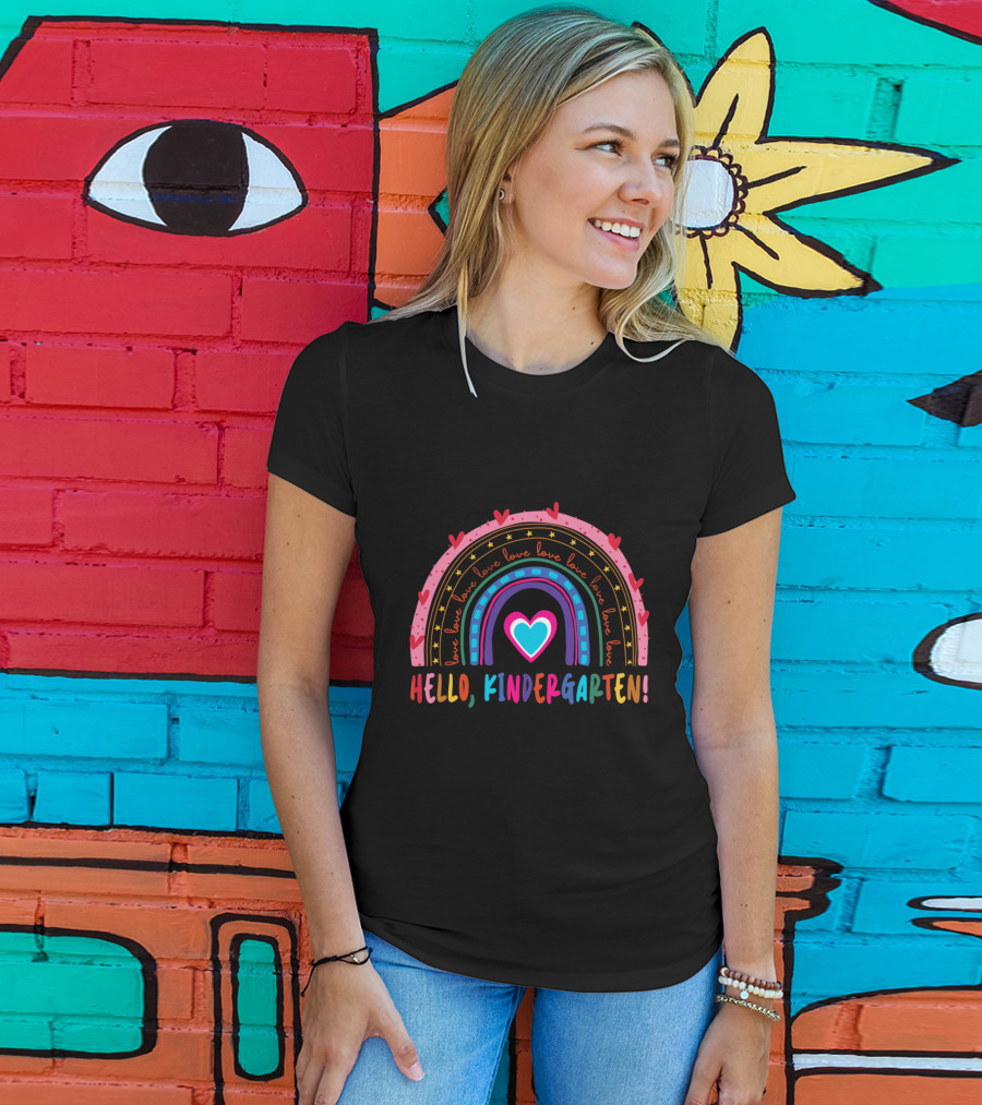Hello Kindergarten Love Rainbow Hearts Back To School T-Shirt