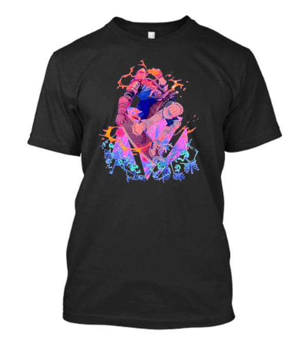 Skateboard Knight Neon Fantasy Warrior On Shredding Skeletons T-Shirt