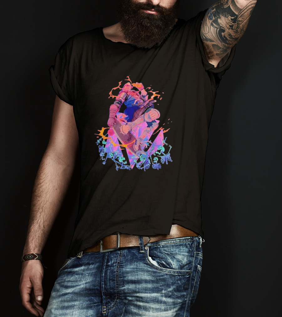 Skateboard Knight Neon Fantasy Warrior On Shredding Skeletons T-Shirt