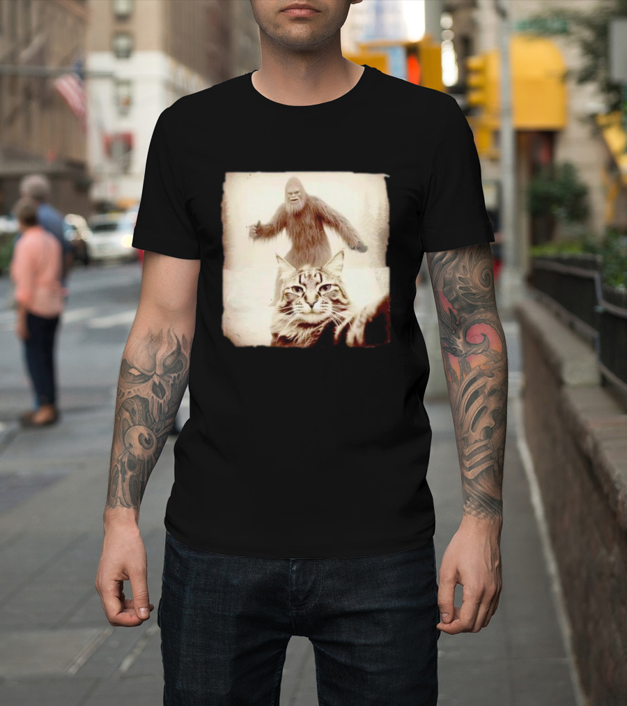 Cat Taking Selfie with Bigfoot in Snowy Forest Scene T-Shirt