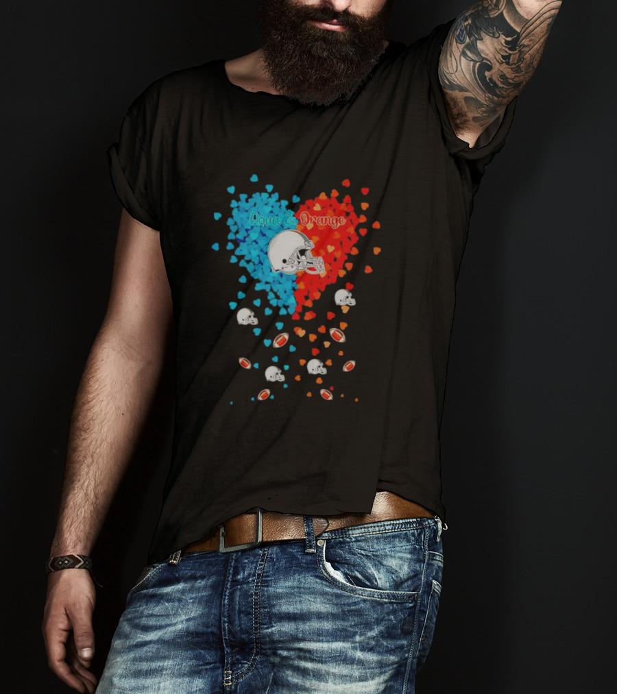 Aqua And Orange Miami Dolphins Hearts And Helmets Football T-Shirt