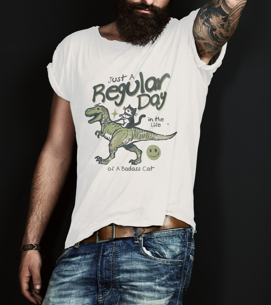 Just A Regular Day In The Life Of A Badass Cat Riding Dinosaur T-Shirt