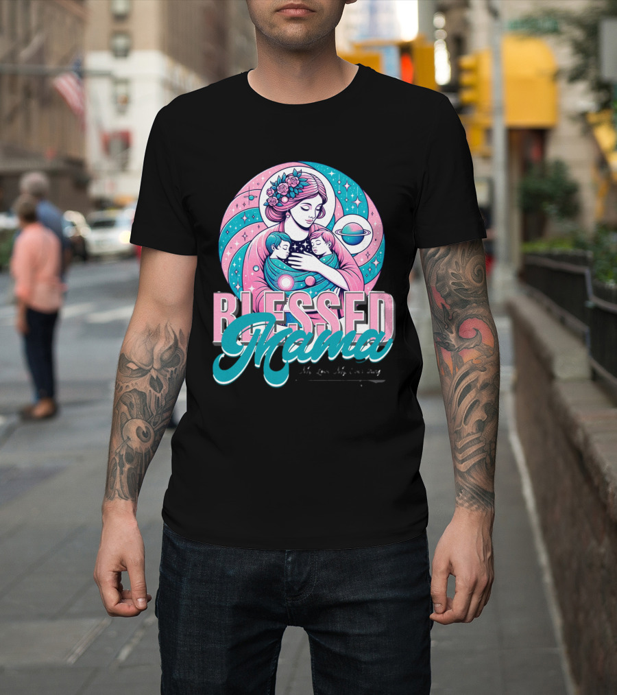 Blessed Mama Cosmic Mother With Children And Floral Halo T-Shirt