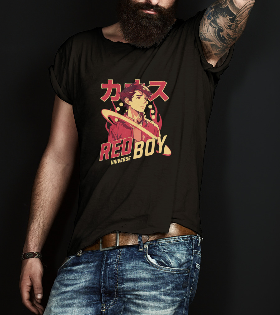 Red Boy Universe Anime Style Japanese Text Planet Ring T-Shirt
