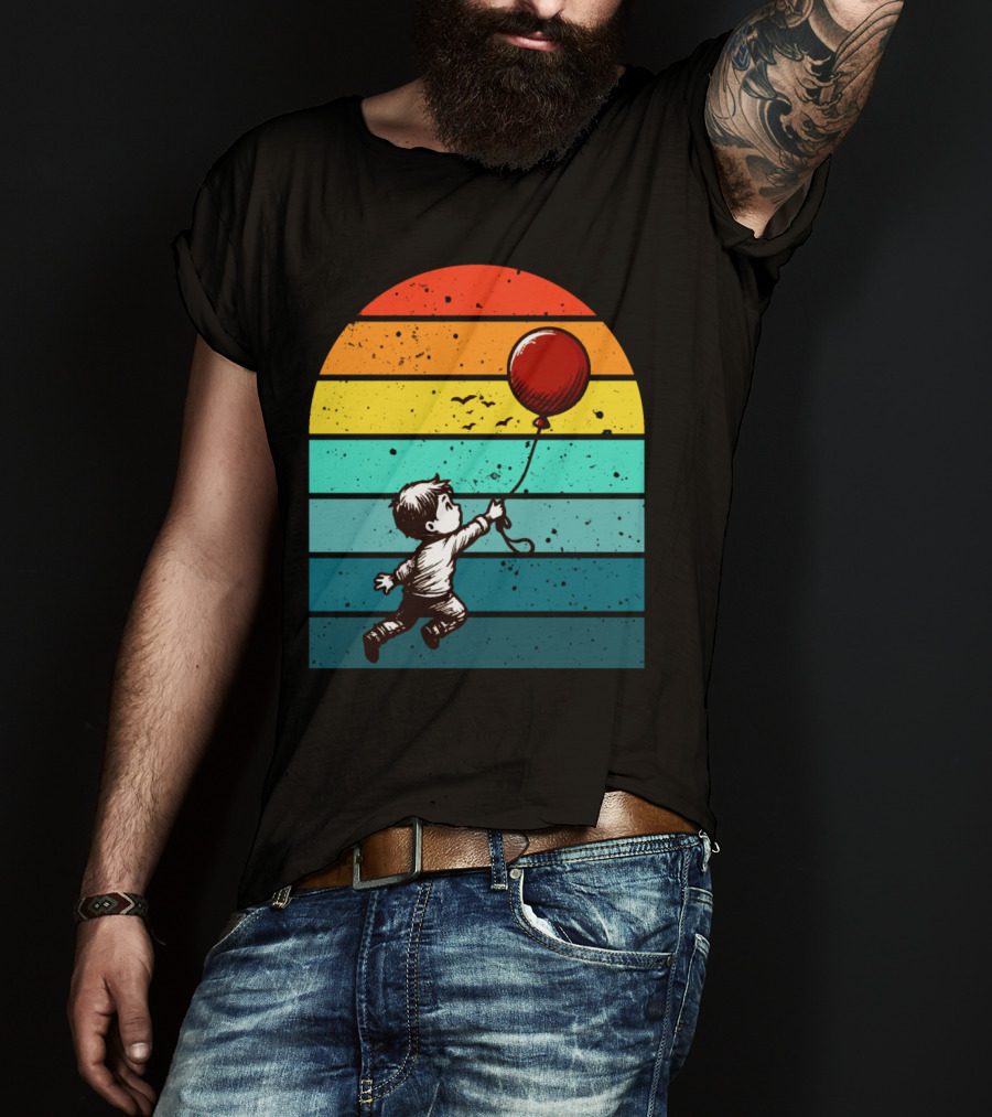 Boy Holding Red Balloon Retro Vintage Rainbow Stripes T-Shirt