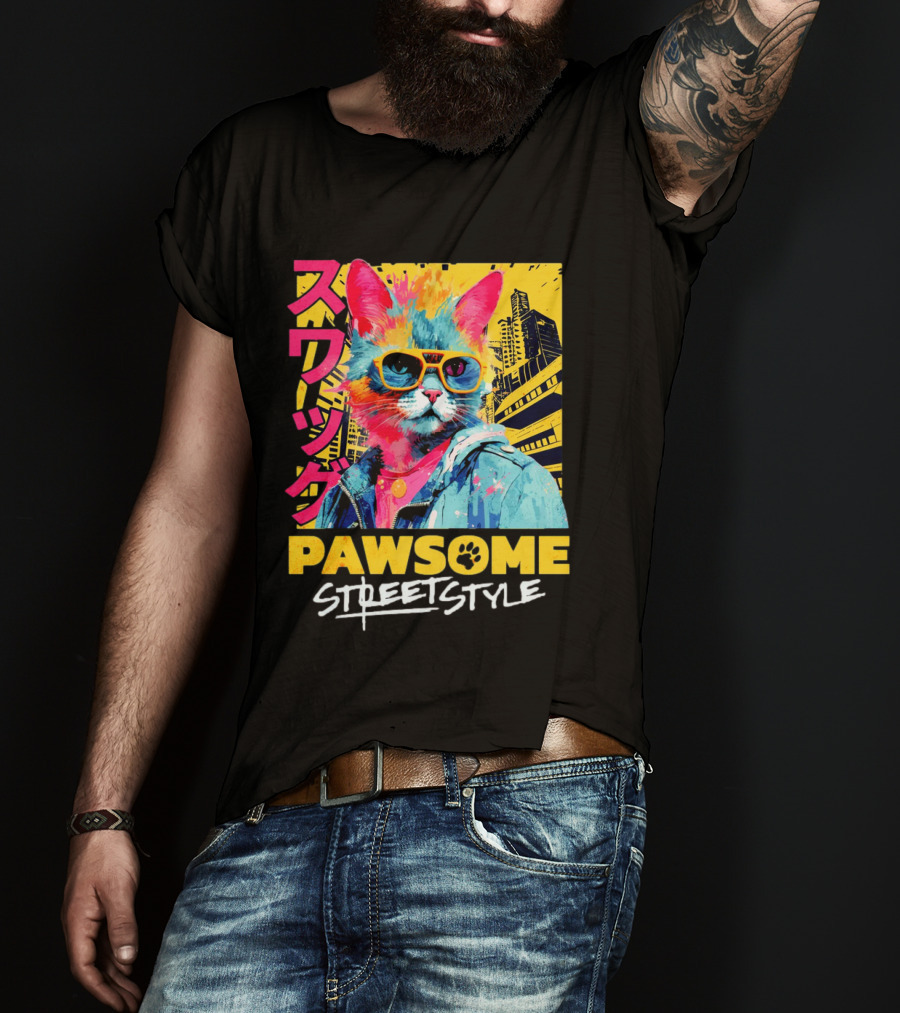 Pawsome Streetstyle Cat With Jacket And Sunglasses Urban Cityscape T-Shirt