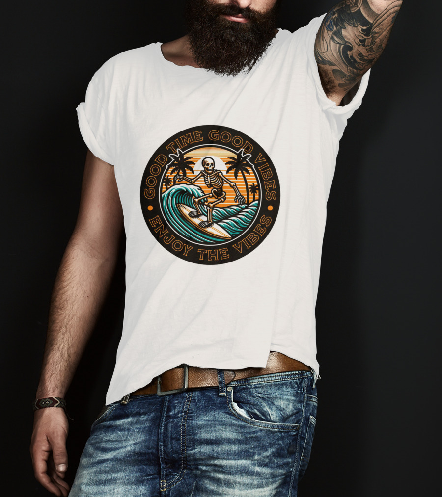 Good Time Good Vibes Enjoy The Vibes Surfer Skeleton Palm Trees Sunset Ocean Waves T-Shirt