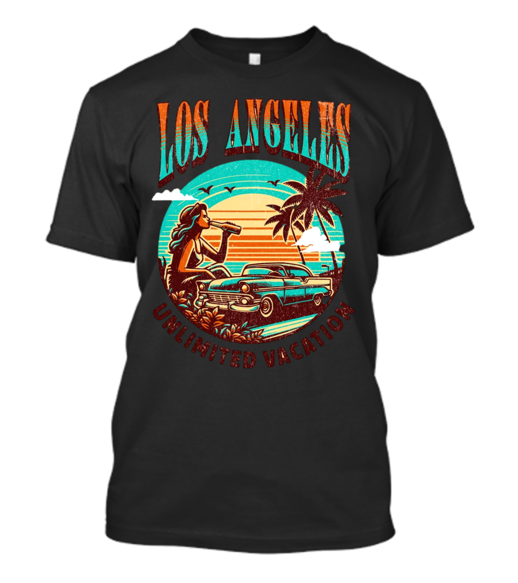 Los Angeles Unlimited Vacation Classic Car Palm Trees Sunset Vibes T-Shirt