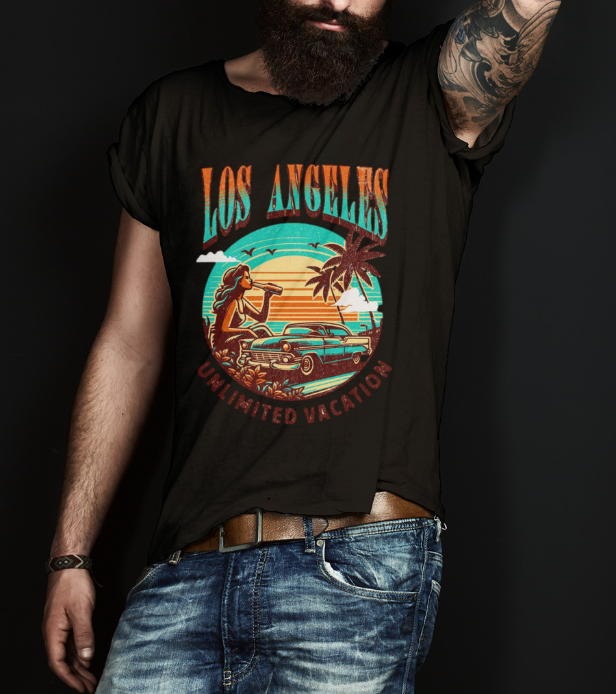 Los Angeles Unlimited Vacation Classic Car Palm Trees Sunset Vibes T-Shirt