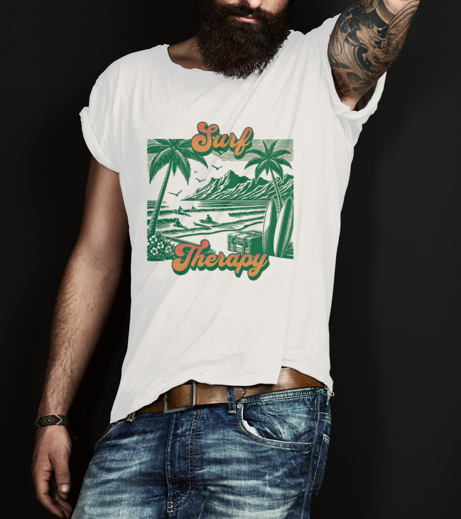 Surf Therapy Tropical Beach Scene With Palm Trees And Surfboards T-Shirt