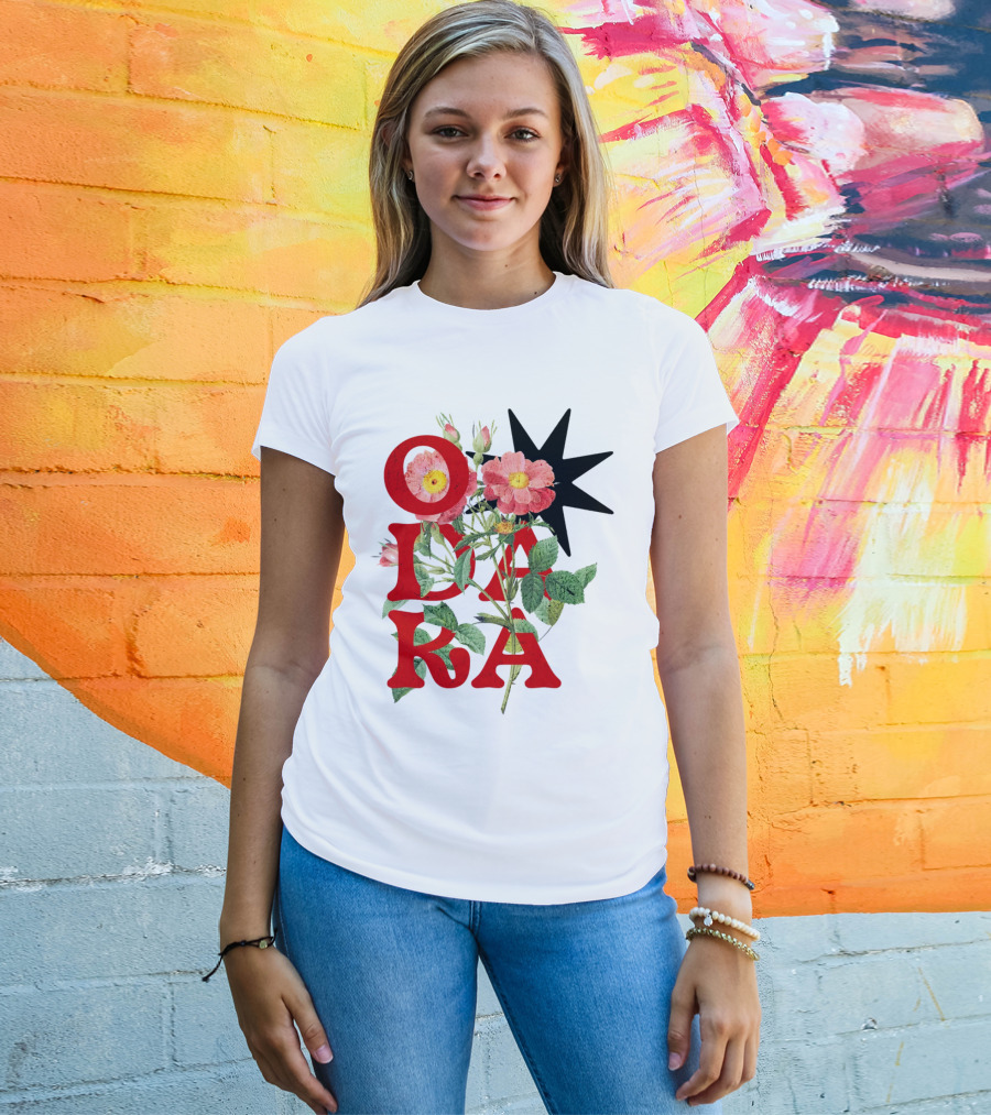 ODARA Bold Floral Art With Red Letters And Pink Flowers T-Shirt