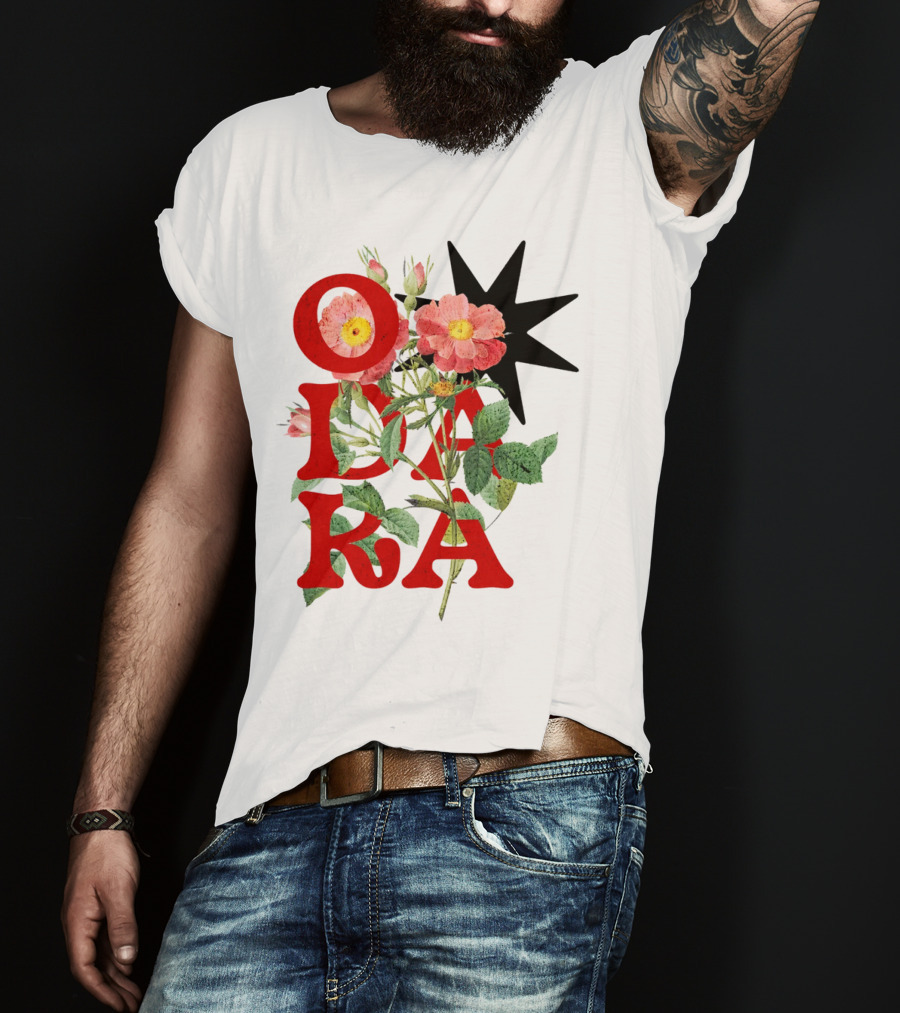 ODARA Bold Floral Art With Red Letters And Pink Flowers T-Shirt