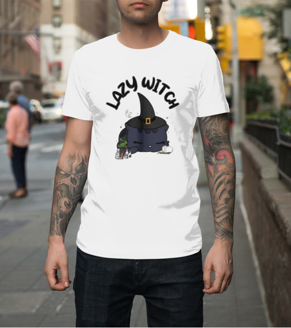 Shirt: Lazy Witch Black Cat with Spellbinding Hat and Potion T-Shirt Lazy Witch Black Cat with Spellbinding Hat and Potion T-Shirt