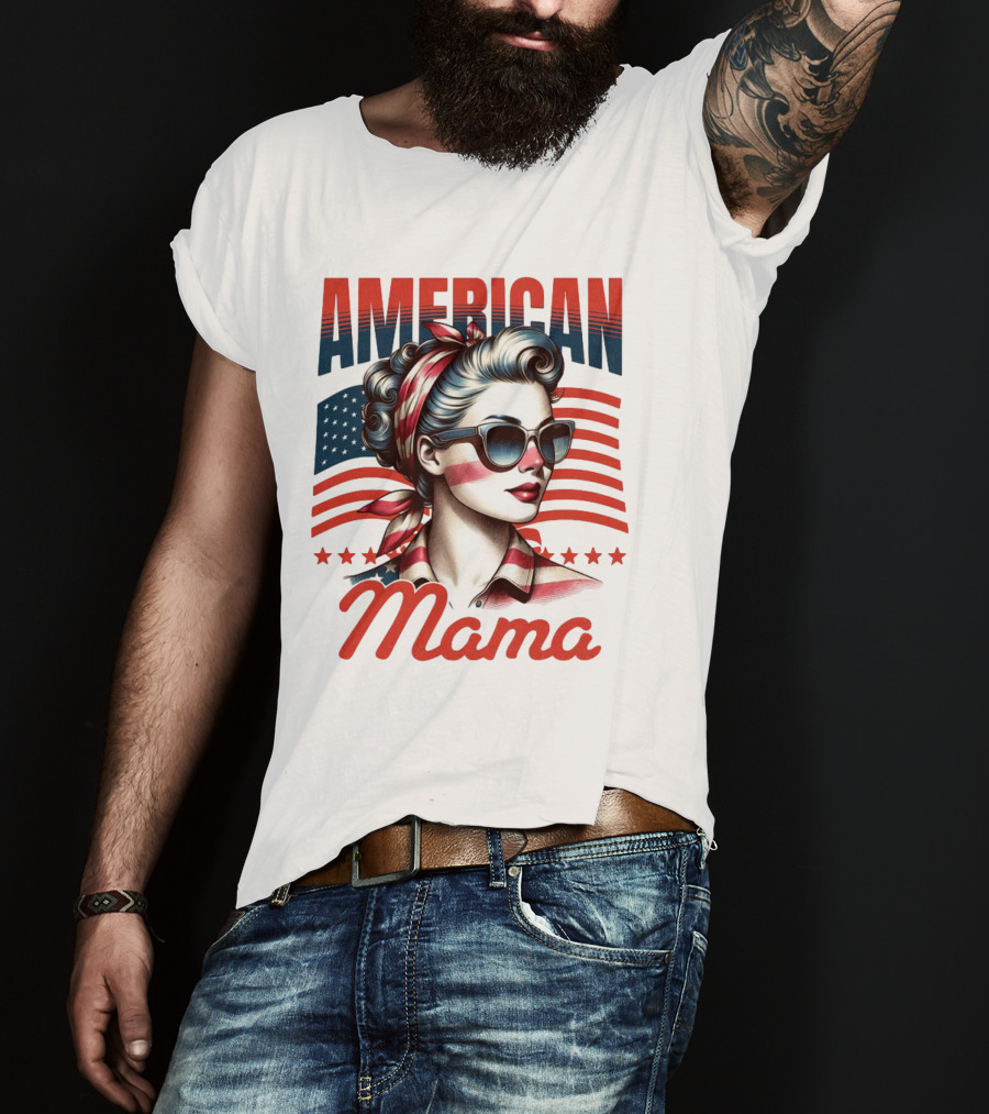American Mama Vintage Patriotic Bandana Sunglasses Retro Flag Stars T-Shirt