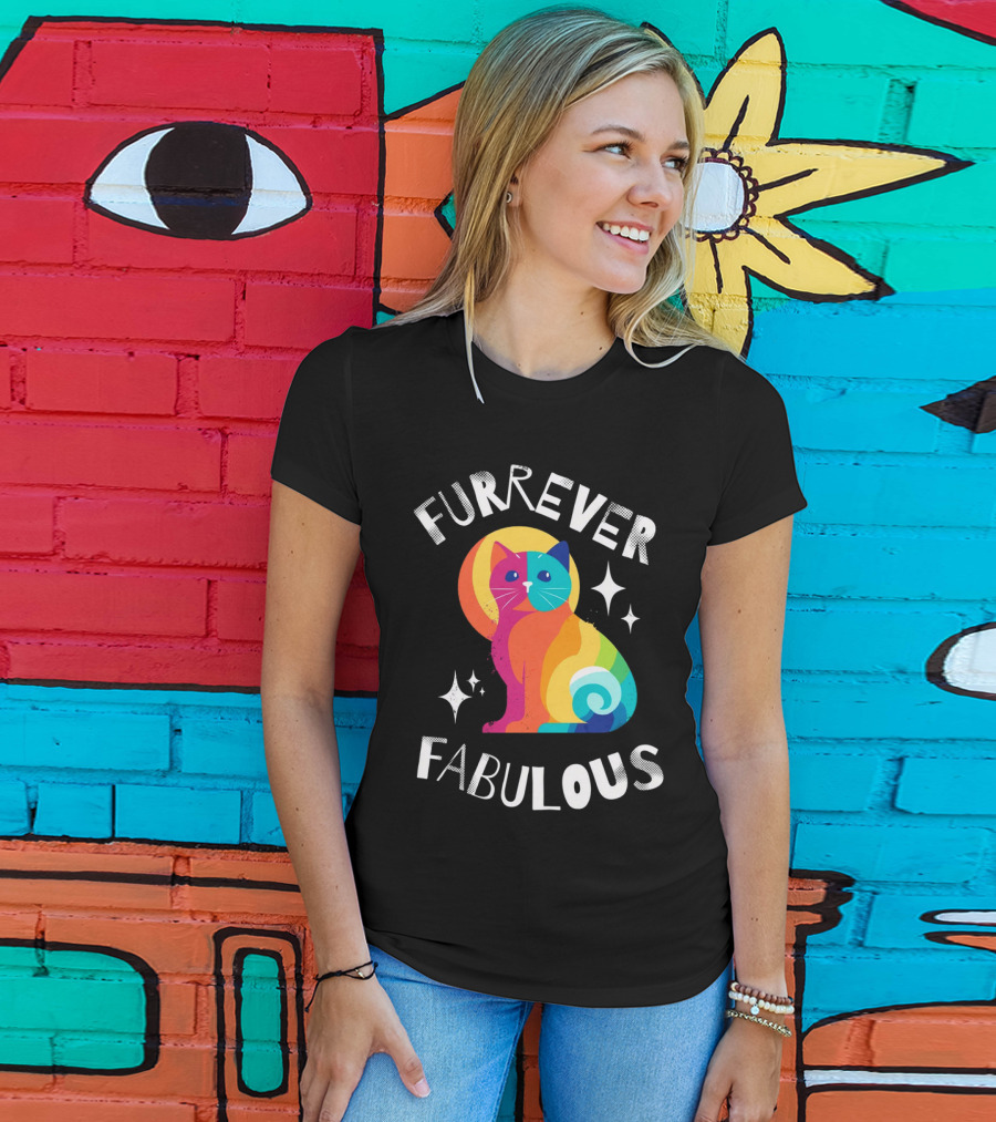 Furrever Fabulous Rainbow Cat With Stars T-Shirt