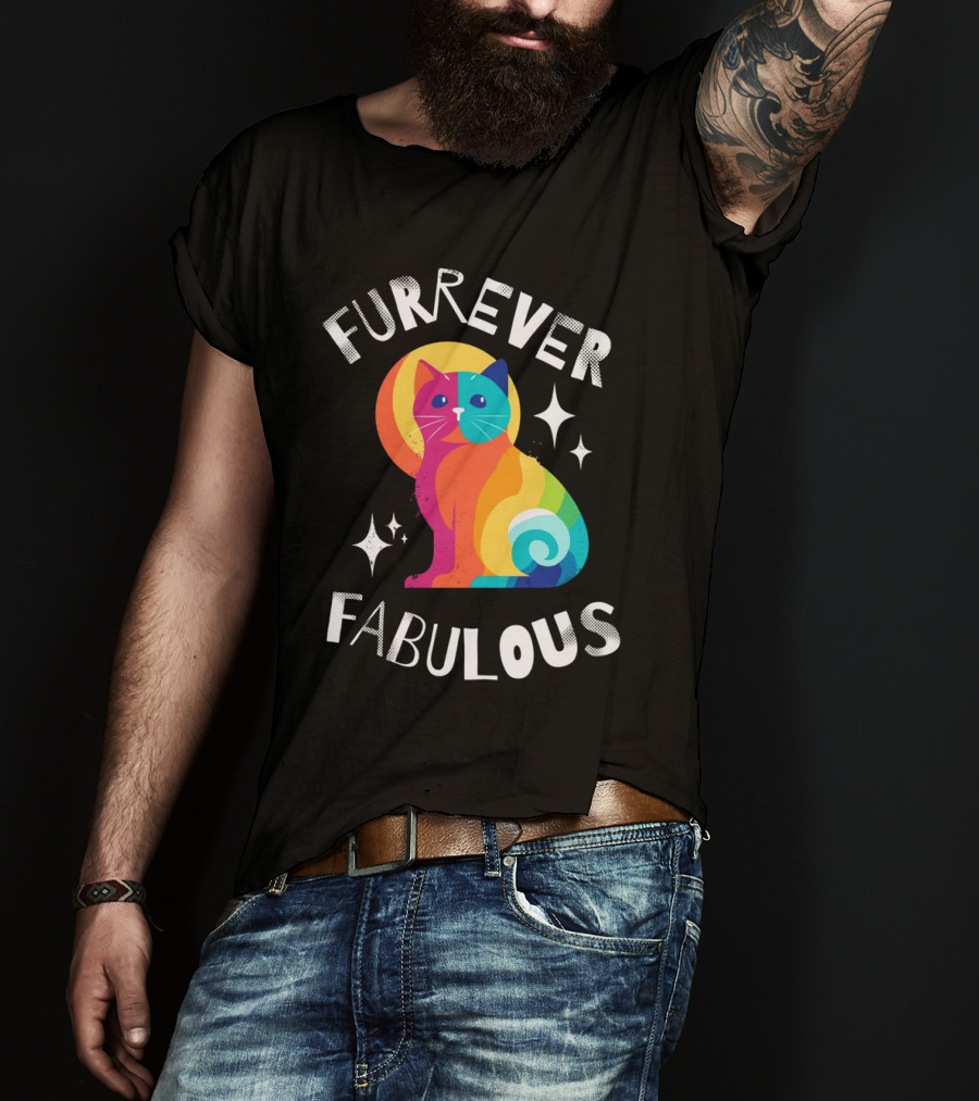 Furrever Fabulous Rainbow Cat With Stars T-Shirt