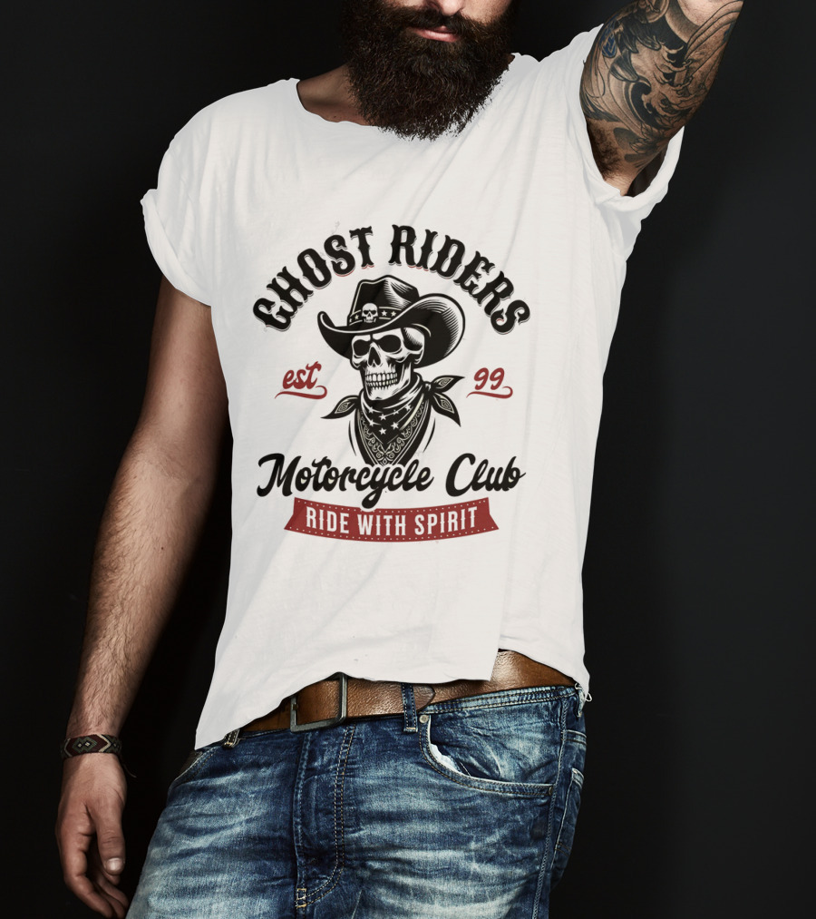 Ghost Riders Cowboy Skull Motorcycle Club Ride With Spirit Est 99 T-Shirt