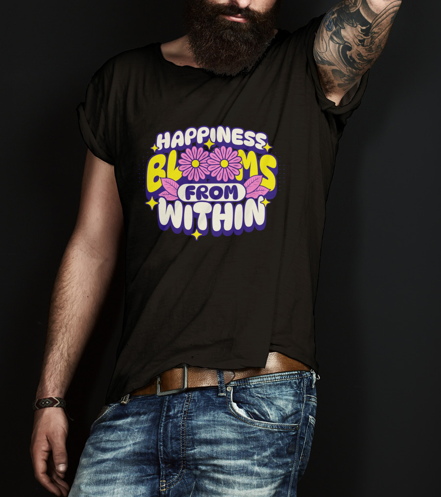 Happiness Blooms From Within With Pink Flowers And Yellow Stars T-Shirt