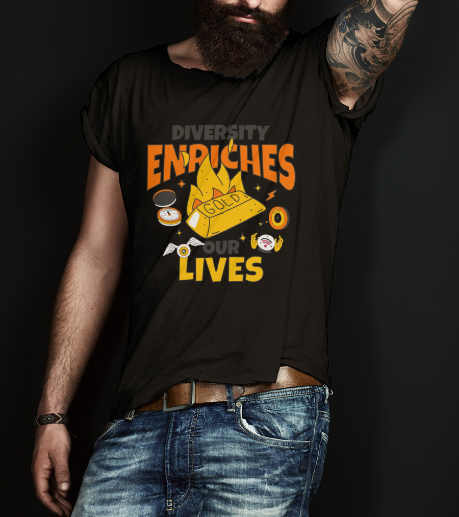 Diversity Enriches Our Lives Gold Flames Wings Compass T-Shirt