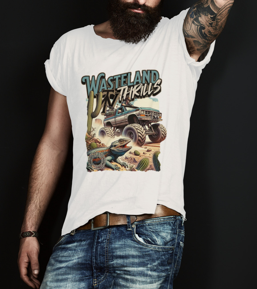 Wasteland Thrills Monster Truck Adventure With Lizard And Cactus Desert Scene T-Shirt