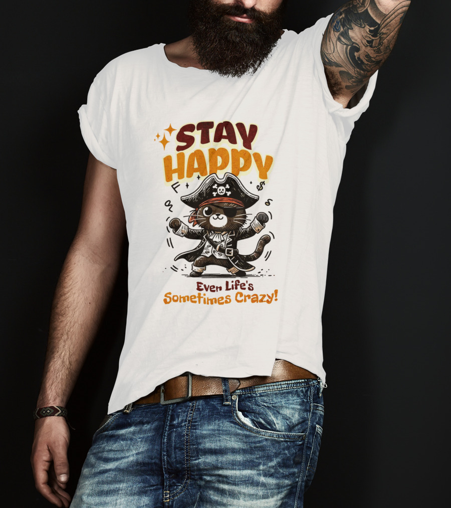 STAY HAPPY Even Life's Sometimes Crazy Pirate Cat T-Shirt
