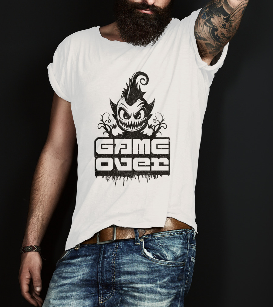 GAME OVER Creepy Monster Icon With Sharp Teeth And Spiky Hair T-Shirt