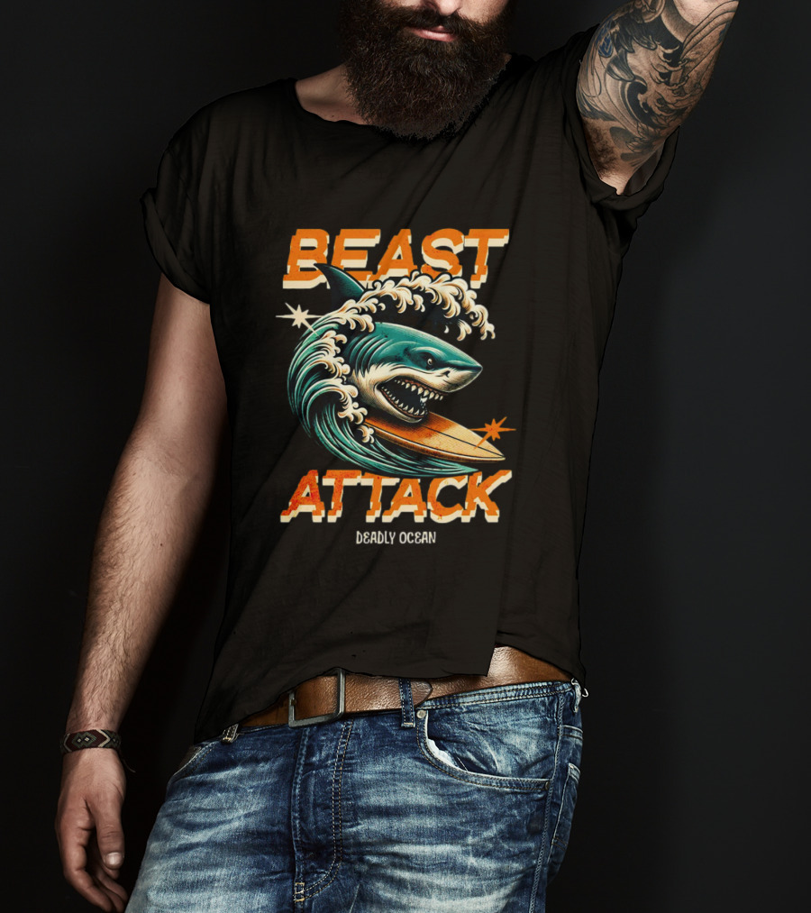 Beast Attack Deadly Ocean Shark Wave Surfboard T-Shirt