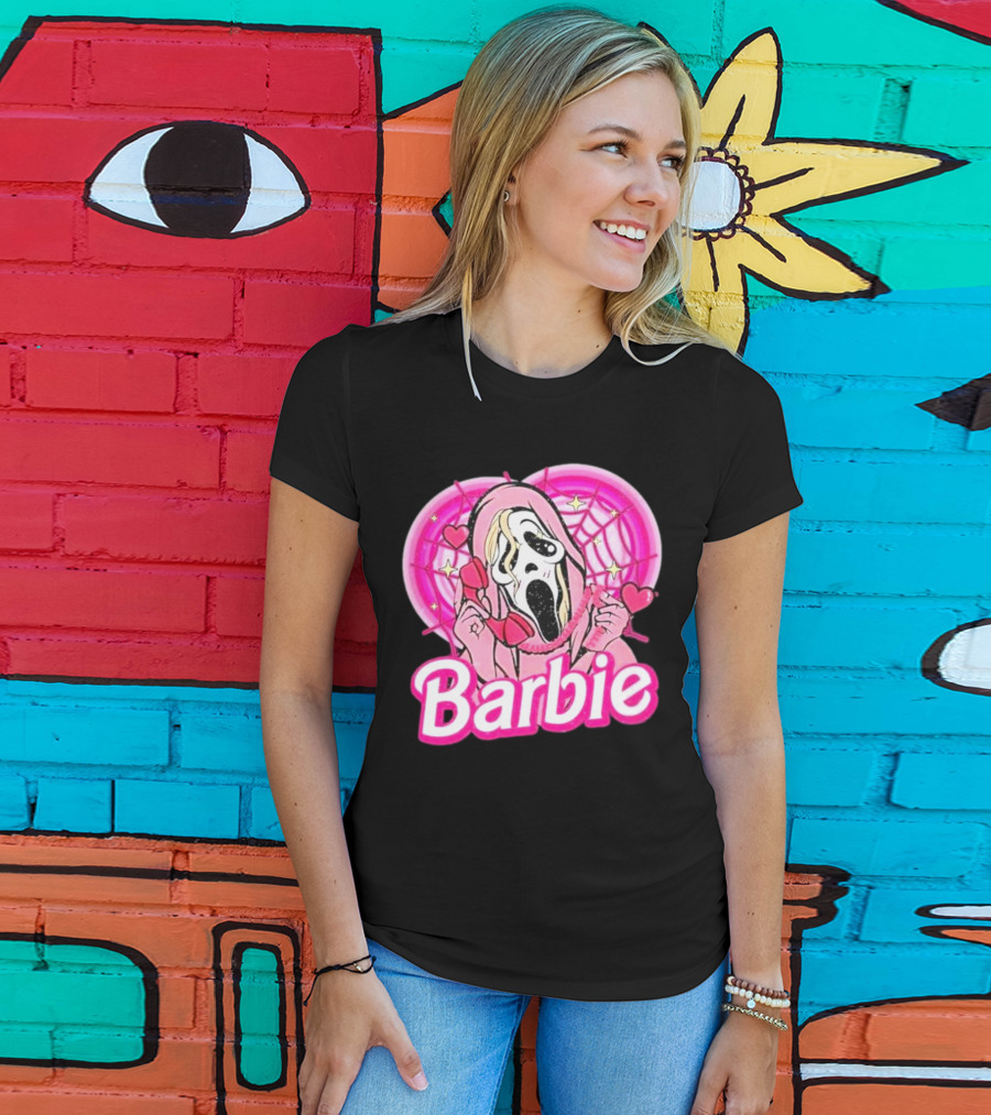 Barbie Horror Doll Ghost Face With Hearts And Pink Spiderwebs T-Shirt