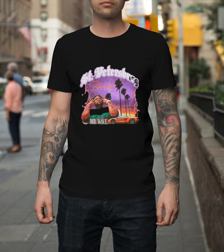 St. Petersburg Florida Rod Wave Purple Sunset Orange Car Palm Trees T-Shirt