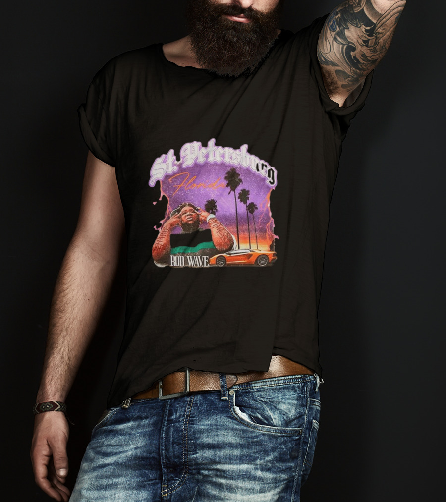 St. Petersburg Florida Rod Wave Purple Sunset Orange Car Palm Trees T-Shirt