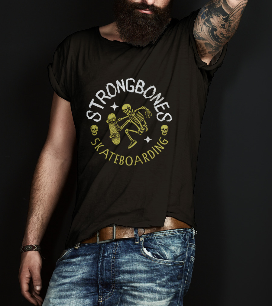 Strongbones Skateboarding Skeleton With Skull Accents T-Shirt