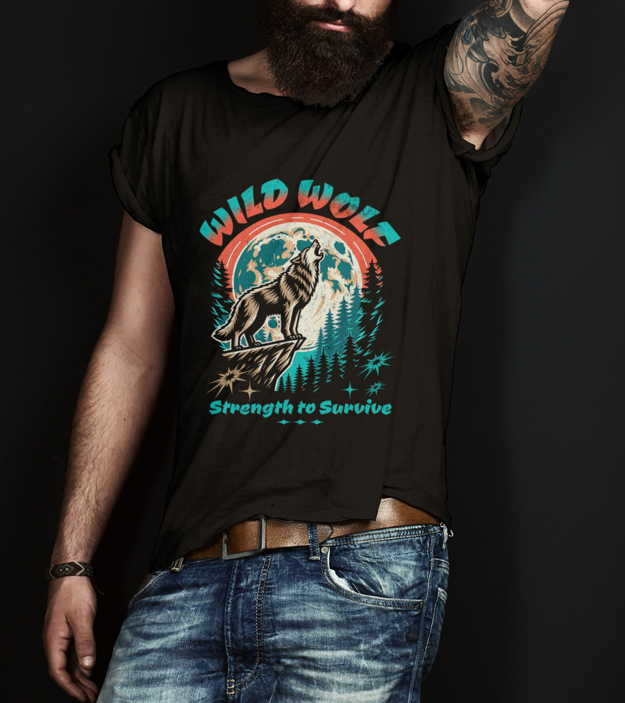 WILD WOLF Strength To Survive Full Moon Forest Scene T-Shirt