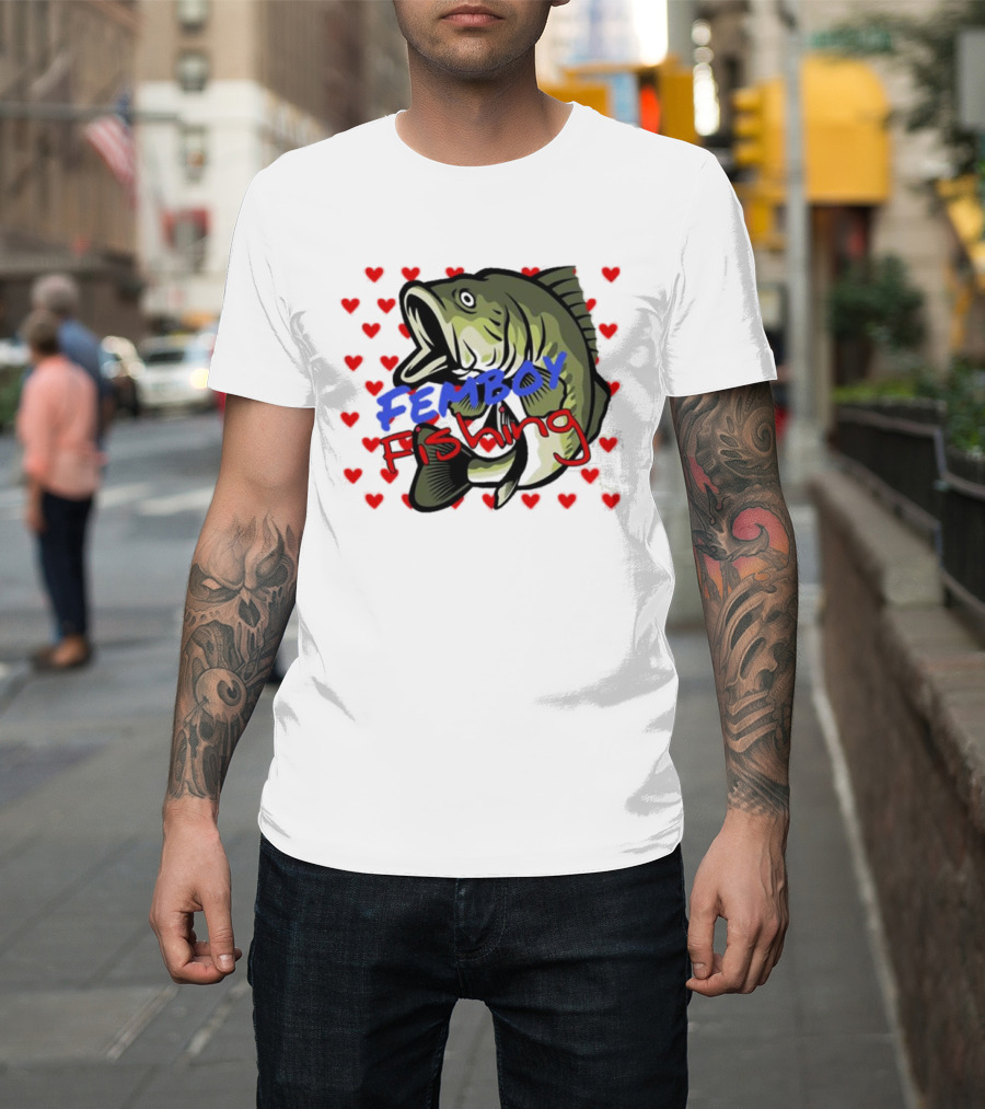 Femboy Fishing with Heart Pattern and Big Mouth Bass T-Shirt